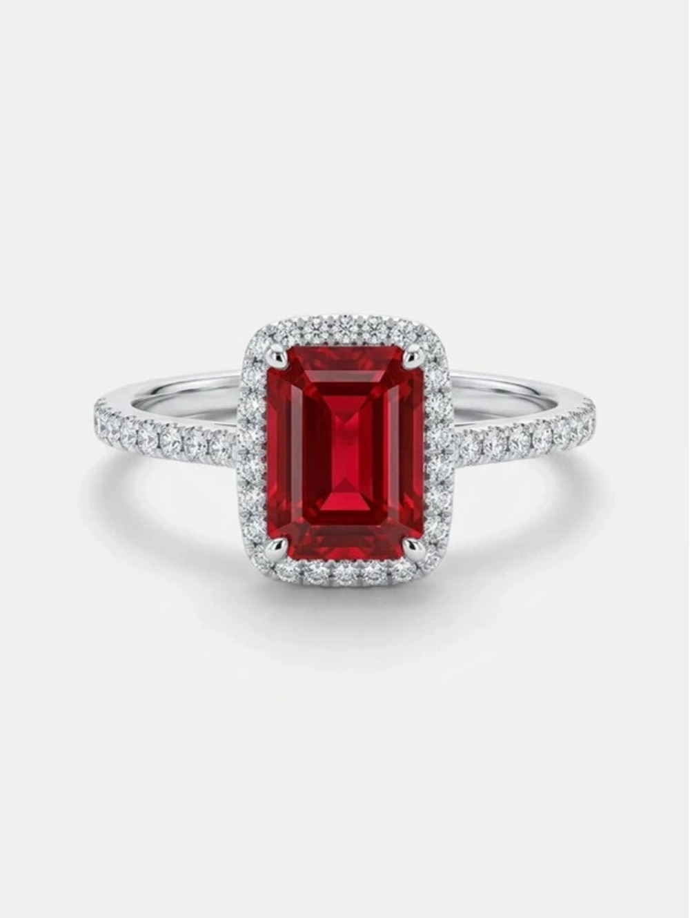 18KGP Red Cushion Cut Stone Halo Ring Clear CZ Silver Tone 3g